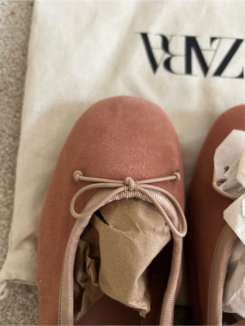 ZARA Suede Ballet Flats in Blush Pink with Gold Buckle